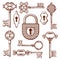 Vintage keys, locks and padlocks hand drawn vector illustration