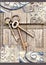 Vintage keys on old wooden background. . Three old, rustic keys on the table.