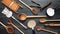 Vintage kitchen utensils assortment on blue background, top view. Cooking concept