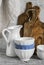 Vintage kitchenware - ceramic bowls, enamelled jug and cutting boards olive