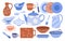 Vintage kitchenware, cutlery to cook food in home kitchen vector. Cartoon fork tools and cup, dish bowl, plate with cute