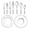 Vintage knife, fork, spoon and dishes in sketch engraving style. Hand drawing tableware isolated vector set