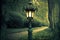 vintage lamp post standing on path in park in evening