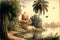 Vintage landscape painting of palm trees and river banks of India with ancient temples