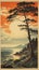 Vintage Landscape Poster With Illustration Of A Pine Tree At Sunset