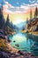 Vintage landscape poster. Sunset over the forest river in mountain. Generative AI