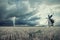 Vintage Landscape with Wheat Fields and Windmil