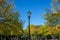 Vintage lantern on pole between green trees of park. Streetlamps, nature at autumn background