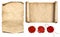 Vintage letter scroll or papyrus with wax seal stamps set isolated 3d illustration