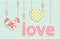 Vintage letters LOVE with hearts in shabby chic style with strings