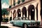 A vintage light blue car parked in front of a building with pillars. Created with Generative AI