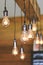 Vintage light bulbs hanging on ceiling