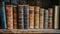 Vintage literature. Antique old books on wooden shelf. AI Generated