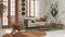 Vintage living room in boho chic style in white and green tones. Sofa and rattan rocking chair on jute carpet. Bohemian interior