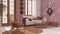 Vintage living room in boho chic style in white and red tones. Sofa and rattan rocking chair on jute carpet. Bohemian interior