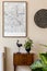 Vintage living room interior with brown mock up poster frame.