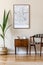 Vintage living room interior with brown mock up poster frame.