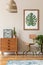 Vintage living room interior with retro wooden commode.