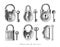 Vintage lock and key collection hand draw engraving style black and white clipart isolated on white background