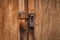 Vintage locked padlock with chain at brown wooden door background