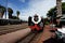 Vintage locomotive steam train against blue sky