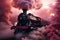 Vintage locomotive train, its engine chimney emitting a dreamy plume of pink smoke, evoking the retro nostalgia. Ai generated