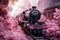 Vintage locomotive train, its engine chimney emitting a dreamy plume of pink smoke, evoking the retro nostalgia. Ai generated