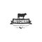 Vintage logo butcher shop with picture of cow. Engraving label with sample text. Vector Illustration