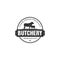 Vintage logo butcher shop with picture of cow and sheep. Engraving label with sample text. Vector Illustration