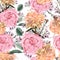 Vintage luxury seamless pattern with detailed hand drawn flowers - blooming peony, roses, beige carnation and herbs.