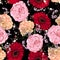 Vintage luxury seamless pattern with detailed hand drawn flowers - blooming red gerbera, roses, beige carnation and herbs.