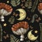 Vintage magic forest botanical seamless pattern, witchcraft art, amanita mushroom