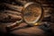 Vintage magnifying glass on old wooden background. Selective focus