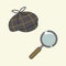 Vintage magnifying glass, and a sleuth detective cap. Isolated vector icons, on a muted yellow background. Private