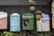 Vintage mailbox, decorative set. Old fashioned mailboxes blue green. Shabby weathered postbox set