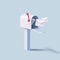 Vintage mailboxes with flying out white closed envelopes, post delivery composition, 3d render cartoon realistic style