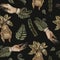 Vintage mandrake root seamless pattern with witch hands, Witchcraft mystery hand-drawn texture