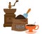 Vintage manual coffee grinder, coffee bag and cup color illustration