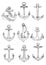 Vintage marine anchors with ropes sketch symbols