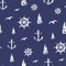 Vintage Marine seamless pattern Anchors, boat, steering wheel on navy background