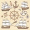 Vintage marine ships. Old cartouche frame, ship anchor and sea wheel with ancient compass. Ocean sailboat retro vector