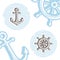 Vintage marine symbols vector icon set: engraving anchor and wheel