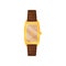 Vintage mechanical wrist watch with brown leather strap and golden frame. Stylish accessory. Flat vector icon