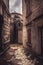 Vintage medieval narrow winding street with ancient stone pavers with medieval architecture in old european city Kotor in Monteneg