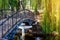 Vintage metal bridge over the river with green willow tree leaves in the park on sunny summer day.