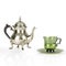 Vintage Metal Coffee Pot With Cute Green Cup On White Background