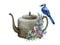 Vintage metal kettle with floral decor and blue jay. Watercolor illustration. Rustic decorative element. Lavender, sage