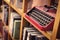 Vintage metal keyboard machine in the bookshelf