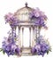 Vintage metal lantern with purple flowers on a white background. Watercolor illustration