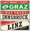 Vintage metal signs collection with Austria cities
